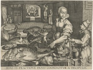 Keukenstuk, schoonmaakt istediğiniz gün vrouw ile tanıştı İsa, müritleri tarafından ekmeğin kırılmasında bilinir (nesne üzerindeki başlık) by Abraham van Lier
