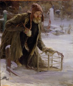 Kuş Avcısı. Sefil giyinmiş, karda diz çökmüş bir adam bir kafes tutuyor. Abram Yefimovich Arkhipov