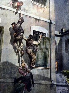 Duvarı kırdıktan sonra Asti hapishanesinden dört mahkumun cesur bir kaçışı. Beltrame tarafından çizim. La Domenica del Corriere. 1902 by Achille Beltrame