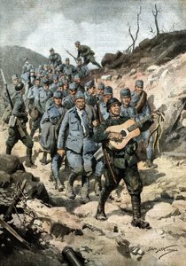 Mutlu bir kahraman. Bir mağarada kırk Avusturyalı ve bir gitarı ele geçirdikten sonra Er Buoncompagni, şarkı söyleyen mahkum grubunun başında yürüdü. Hasta de Beltrame. La Domenica del Corriere. 10/1917 by Achille Beltrame