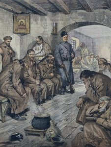 BELTRAME, Aşil (1871-1945). Rus mahkumlar, tüberküloz arkadaşlarının özgürlüğü için açlık grevinde. Çizim A. Beltrame, Corriere