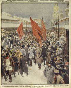 1905 Kanlı Pazar gününü anmak için yürüyen yüz bin işçinin kapak resmi; Petersburg, Rusya by Achille Beltrame