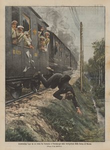 Moskova banka hırsızının Varşova ve Petersburg arasındaki trenden dramatik kaçışı by Achille Beltrame