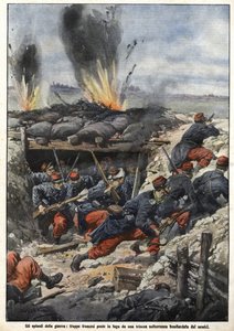 1914 Savaşı Bölüm: Siperlerdeki Fransız birlikleri düşmanlar tarafından bombalanır. “La Domenica del Corriere” by Achille Beltrame