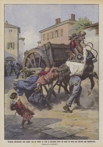 Talihsiz kahramanlık, boynunda bebeği olan bir anne, küçük bir kızı kurtarmak için hareketli bir vagonun altına koşar.