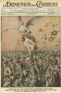 Birinci Dünya Savaşı 1918 - İtalya savaşta. Zafer günü. Zafer saatinde. Devasa bir mücadeleden sonra, muazzam fedakarlıklar, ölümler, fırtınalar, İtalya Ordusu, en kutsal dava için savaşan kahraman Roma lejyonları, Kurbanı kaldırdı. by Achille Beltrame