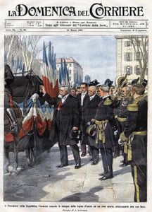 Fransa Cumhurbaşkanı Armand Fallieres (1841 - 1931), savaşta ölen bir kahramana Legion of Honor madalyasını sunar. Hasta de Beltrame. La Domenica del Corriere. 31/03/1907. by Achille Beltrame