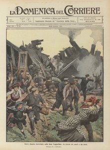 Foggia-Bari hattında ciddi demiryolu faciası, ölü ve yaralı arama çalışmaları by Achille Beltrame