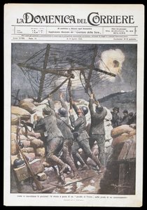 İtalyan askerleri Frizce atını sipere koyuyor, Domenica del Corriere için Achille Beltrame (1871-1945) levhası, 2-9 Nisan 1916, Birinci Dünya Savaşı, İtalya, 20. yüzyıl by Achille Beltrame