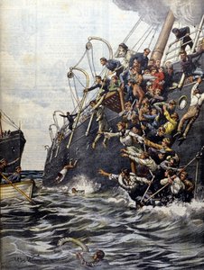 Lübnan'daki facia: Marsilya açıklarında başka bir yolcu gemisiyle çarpışan yolcular kendilerini denize attı. Beltrame çizimi. La Domenica del corriere. 1903. by Achille Beltrame