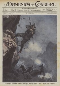 Bir dağ geçidi üzerinde asılı duran bir Alpin dramatik macerası, bir grup Avusturyalıyı savaşır ve kaçar. by Achille Beltrame