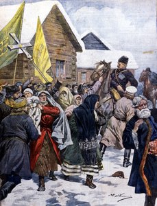 Rusya'da batıl inanç: polis, yeni Hıristiyanların mezhebini dağıtmaya çalışıyor. Beltrame çizimi. Domenica del corriere. 1901. by Achille Beltrame