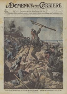 Üçüncü kez yaralanan sakatlanmış Enrico Toti'nin kahramanca sonu, ayağa kalkar ve kendini atar mı? by Achille Beltrame