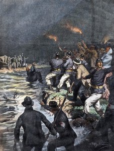 Bergamo yakınlarındaki Serio nehri üzerindeki bir adada engellenen arabacıların mucizevi kurtarılması - “La Domenica del Corriere”de Beltrame çizimi” 1909 by Achille Beltrame