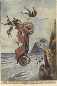 Arabaları bir sahil yolundan ayrılırken düşen insanlar by Achille Beltrame