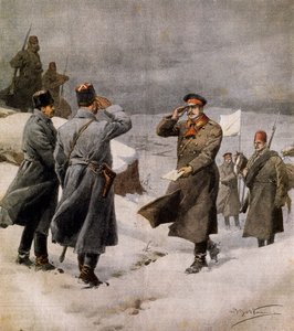 Savaşın yeniden başlaması, Bulgar kampına gelen Türk parlamenter Ateşkesin sona erdiğini bildiren bir mesaj taşıyor, Achille Beltrame (1871-1945), La Domenica del Corriere