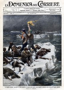 Bazıları ölen fok balıkçıları, okyanusta sürüklenen buzda mahsur kaldı. Hasta de Beltrame. “” La Domenica del corriere””. 12-19/04/1914. by Achille Beltrame