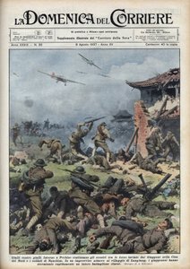 İkinci Çin-Japon Savaşı (1937-1945): Pekin yakınlarında Japon ve Çin silahları arasındaki çatışmalar, Japonlar hızla bütün bir Çin taburunu yok eder. Achille Beltrame tarafından 08/08/1937 tarihli “La domenica del corriere”den çizim. by Achille Beltrame