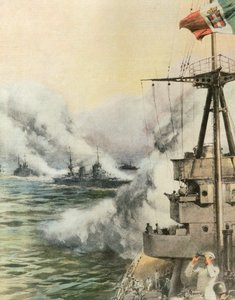 Düşman uçakları tarafından görülen İtalyan konvoyu, gemileri korumak için sis perdesi salıyor, Achille Beltrame (1871-1945), La Domenica del Corriere