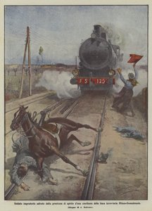 Milan-Domodossola demiryolu hattındaki bir gişenin hızlı zekası tarafından kurtarılan tedbirsiz bir asker by Achille Beltrame
