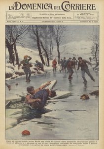 Biella yakınlarındaki donmuş bir dere üzerinde mutlu bir şekilde paten yapan bir çocuk kalabalığı mıydı? by Achille Beltrame