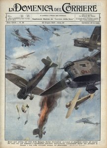 İspanya İç Savaşı: Savaşta İspanya üzerinde cumhuriyetçi ve milliyetçi uçaklar arasında hava çatışmaları. 20/06/1937 tarihli “La domenica del Corriere”deki Achille Beltrame çizimi. by Achille Beltrame