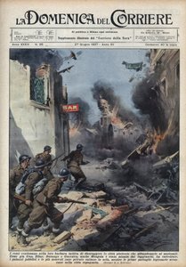 İspanya İç Savaşı: Cumhuriyetçilerin şehirleri milliyetçilere bırakmak yerine her şeyi yok ettiği Bask şehirlerinin sokaklarında çatışmalar. 27/06/1937 tarihli “La domenica del Corriere”deki Achille Beltrame çizimi. by Achille Beltrame