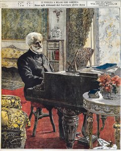 İtalyan besteci Giuseppe Verdi çalışma odasında, levha Achille Beltrame (1871-1945), La Domenica del Corriere, 8 Ekim by Achille Beltrame