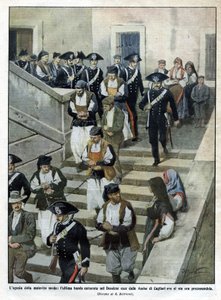 Duruşmanın yapıldığı Cagliari'deki Ağır Ceza Mahkemesi'nden ayrıldıklarında Sardunyalı malfratların son çetesi. Beltrame çizimi. La Domenica del Corriere. 07/1913. by Achille Beltrame