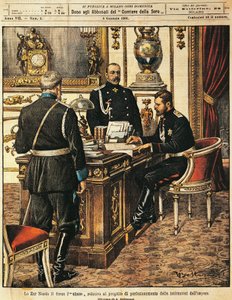 Çar Nicholas II, kurumsal reformlar için projeyi imzalarken, Achille Beltrame (1871-1945), La Domenica del Corriere