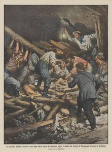 Tünelin kayaları altında on gün gömdükten sonra diri olarak çıkarılan bir İtalyan işçi mi? by Achille Beltrame