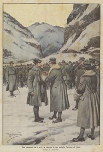 Karda bir tören, cesaret için iki gümüş madalyanın teslimi by Achille Beltrame