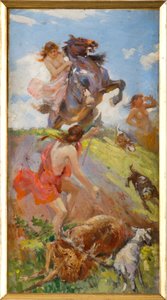 Geyik avlayan Amazonlar (karton üzerine tuval üzerine yağlı boya) by Achille Boschi