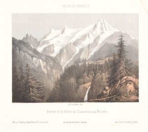 Chamonix'in Mer-de-Glace buzulu ve Aiguille du Dru Chamonix, le Glacier des Bois, et le Dru (nesne üzerindeki başlık) ile birlikte görünümü Herinnering aan Chamonix-Mont-Blanc (dizi başlığı) Museum du Mont-Blanc (dizi başlığı) )