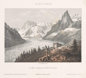 Mer-de-Glace buzulunda Le Chapeau'nun görünümü Le Chapeau (nesne üzerindeki başlık) Chamonix-Mont-Blanc'ın anısı (dizi başlığı) Museum du Mont-Blanc (nesne üzerindeki dizi başlığı)