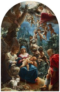 İtalyanca: sacra famiglia con san giovannino e un angelo Bebek Vaftizci Yahya ve meleklerle birlikte Kutsal Aile