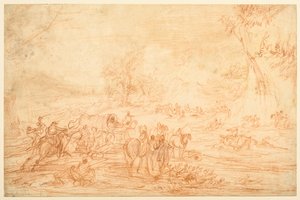 Manzara, bir otobüs konvoyuna saldırı by Adam Frans van der Meulen