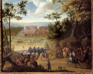Versay'ın 1664'te Fransa Kralı Louis XIV (1638-1715) ve bir silahşör bölüğü ile birlikte görünümü. Adams Frans Van der Meulen'in (1632-1690) tablosu by Adam Frans van der Meulen