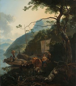 Bir İtalyan Gölünün Kıyısında Demirli Kayıkçılar Bir İtalyan gölünün kıyısında demirlemiş kayıkçılar; belki de Mısır