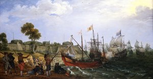 Teknelerle savunulan bir İspanyol sömürge kalesine saldıran bir Hollanda savaş filosu by Adam Willaerts
