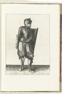 Tarçın ve meç ile yapılan egzersiz: asker tarağı arkadan sol omzunun üzerinden getirir (no. 2), 1618 Nassausche Wapen-Handelinge, van Schilt, Spies, Rappier ve Targe: beyde figuerlick betimlenmiş ve yeni düzenden sonra çerçevelenmiş (... by Adam van Breen
