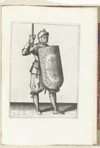 Taraklı ve meçli tatbikat: asker çizilmiş meçi yüzünün yukarısında tutmaz (no. 5), 1618 Nassausche Wapen-Handelinge, van Schilt, Spies, Rappier ve Targe: beyde figuerlick betimlenmiş, yeni düzenden sonra çerçevelenmiş by Adam van Breen