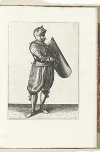 Tarçın ve meç ile yapılan egzersiz: asker, meçi çekebilmek için namluyu hafifçe öne doğru tutar (no. 4), 1618 Nassausche Wapen-Handelinge, van Schilt, Spies, Rappier ve Targe : beyde figuerlick betimlendi ve yeni düzenden sonra çerçevelendi