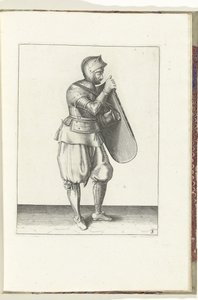 Tarçın ve meç ile egzersiz: asker tarağı sağ eliyle ve kemeri sol eliyle kavrar (no. 3), 1618 Nassausche Wapen-Handelinge, van Schilt, Spies, Rappier ve Targe : beyde figuerlick betimlenmiş ve sonrasında çerçevelenmiş by Adam van Breen