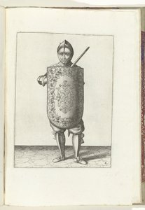 Tarçın ve meç ile egzersiz: asker tarçını göğsün önünde ve çekilen meçi sol omzuna karşı tutar (no. 6), 1618 De Nassausche Wapen-Handelinge, van Schilt, Spies, Rappier ende Targe : beyde figuerlick betimlenmiş, ende d'den sonra pozlanmış by Adam van Breen