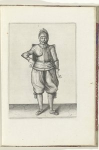 Tarçınlı ve meçli tatbikat: tarak sırtında hareketsiz duran asker (no. 1), 1618 Nassausche Wapen-Handelinge, van Schilt, Spies, Rappier ve Targe : beyde figuerlick betimlenmiş ve yeni düzenden sonra çerçevelenmiş (...) Maurits van Nassa by Adam van Breen