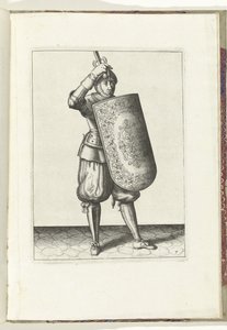 Tüfek ve meç ile tatbikat: askerin tarak ve elinde çekilmiş meç ile miğferinin vizörünü nasıl kapatması gerektiği (no. 7), 1618 Nassausche Wapen-Handelinge, van Schilt, Spies, Rappier ve Targe: beyde figuerlick betimlenmiş ve