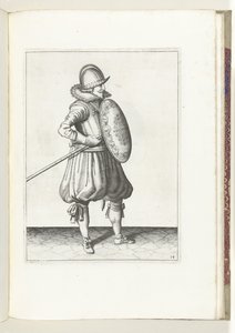 Kalkan ve Diken Alıştırması: Asker Dikeni İki Kez Sürükleme Konumuna Getirir, İkinci Hareket (No. 14), 1618 Nassausche Wapen-Handelinge, van Schilt, Spies, Rappier ve Targe : beyde figuerlick betimlenmiş, yeniden sonra çerçevelenmiş by Adam van Breen