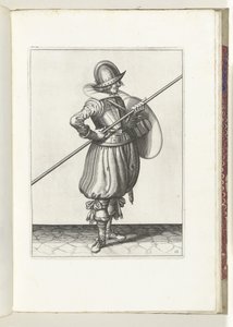 Kalkan ve Diken Alıştırması: Asker Dikeni İki Kez Sürükleme Konumuna Getirir, Birinci Hareket (No. 13), 1618 Nassausche Wapen-Handelinge, van Schilt, Spies, Rappier ve Targe : beyde figuerlick betimlenmiş, yeniden sonra çerçevelenmiş by Adam van Breen