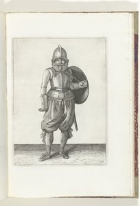 Kalkan ve mızraklı egzersiz: asker sol koluyla kalkanı sırtına koyar (no. 26), 1618 De Nassausche Wapen-Handelinge, van Schilt, Spies, Rappier ende Targe : beyde figuerlick tasvir edilmiş, ende çerçevelenmiş yeni düzenleme [of] (..